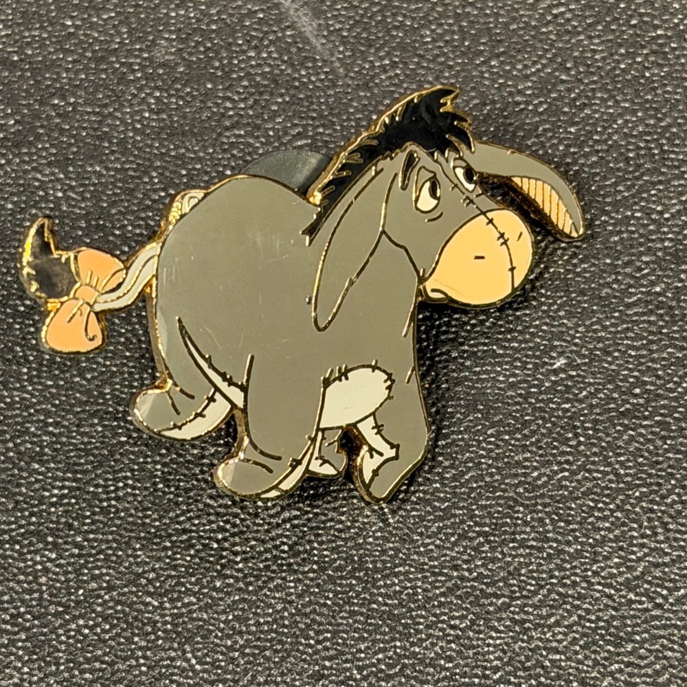 Disney Eeyore Winnie the Pooh Walking Enamel Trading Pin Grey Pink Bow Gold Tone